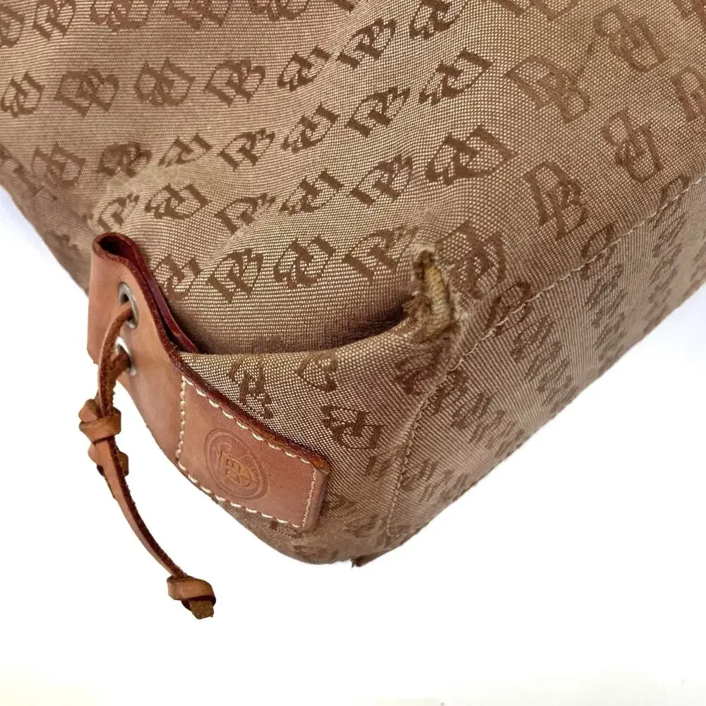 Y2K Dooney Monogram Canvas Tote | Preppy Neutral Shoulder Bag with Leather Trim - Picture 15 of 16